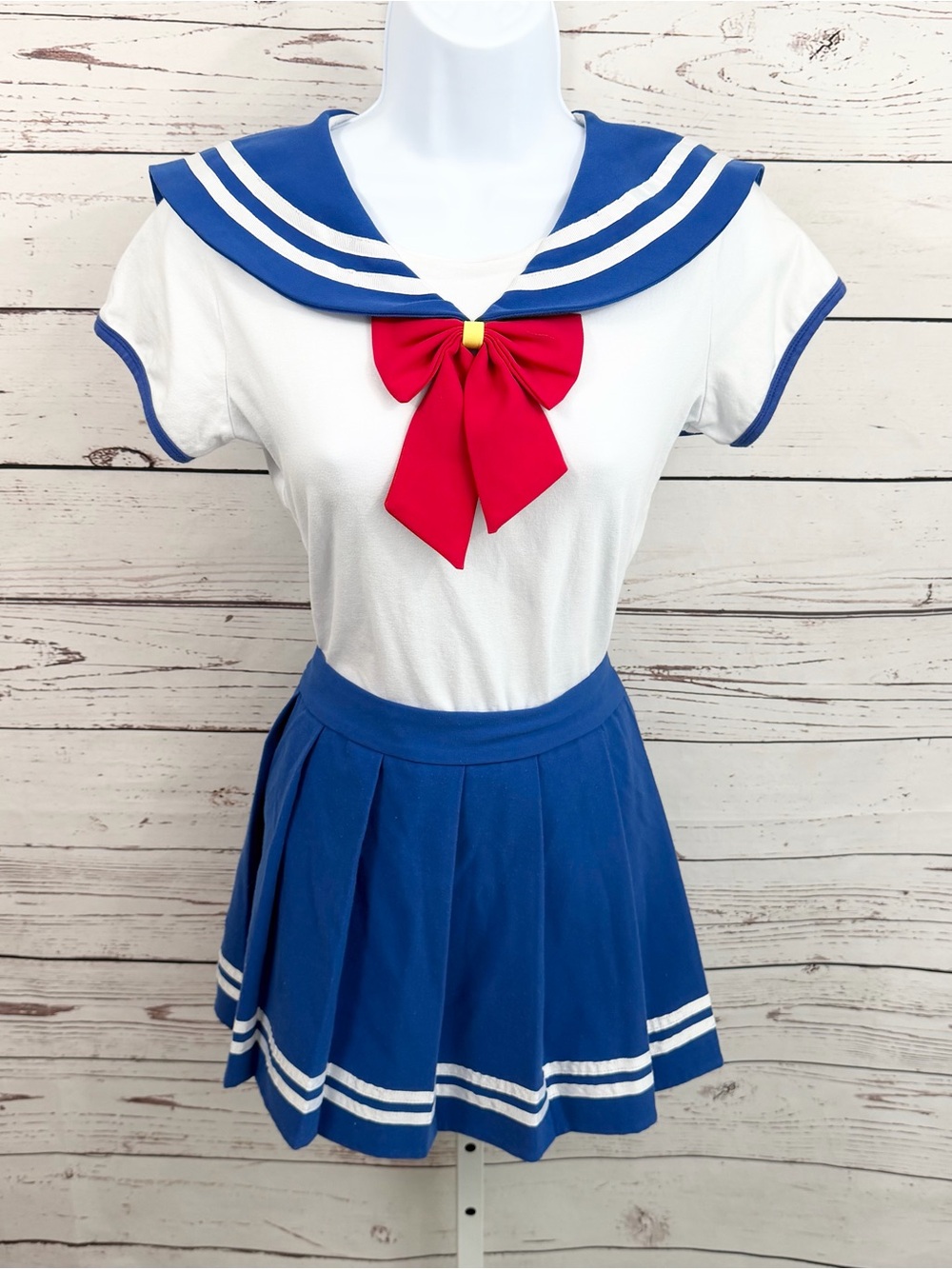 LittleForBig Women’s Sailor Cosplay Costume 2 pc Set Blue White Red Bow Small